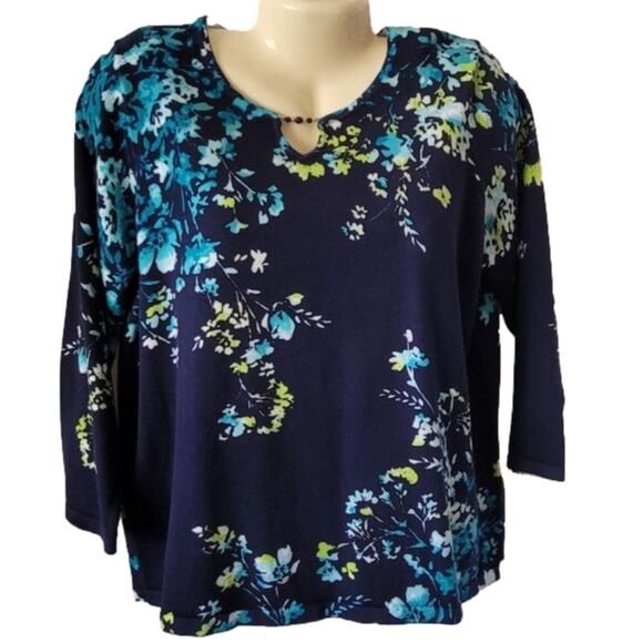 NEW Alfred Dunner PXL Floral Print Knit sweater beaded split neck 3/4 sleeve NWT - Picture 1 of 10